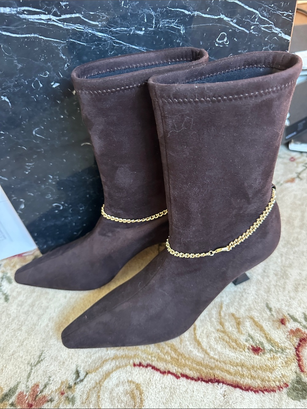 Gold-Chain Pointed Toe Mid-Calf Heeled Boot - Dark Brown